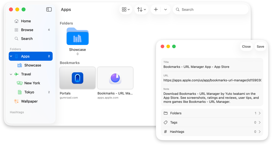 Mac app window showing folders and a multi-column bookmark list for desktop organization.