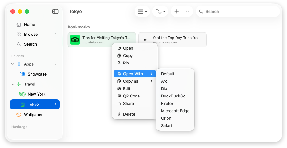 Context menu on Mac to open a selected bookmark with a chosen browser or app.