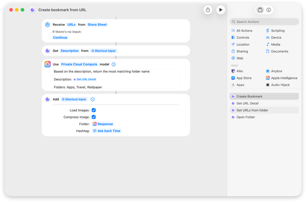 Screenshot of Shortcuts app. Uses "Get description from url," "Use on-device model" with prompt "Based on the description, return the most matching folder name," and Add bookmark with folder specified the result of "Use Model" action.