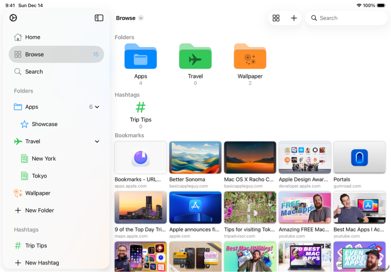 iPad view with a sidebar of folders and a main grid of bookmarks.