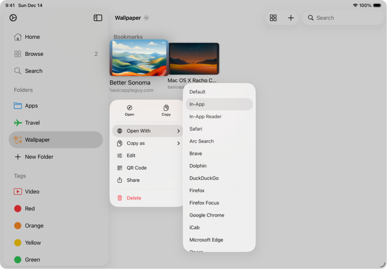 Context menu for a bookmark highliting "Open With", with a list of browsers on the right.