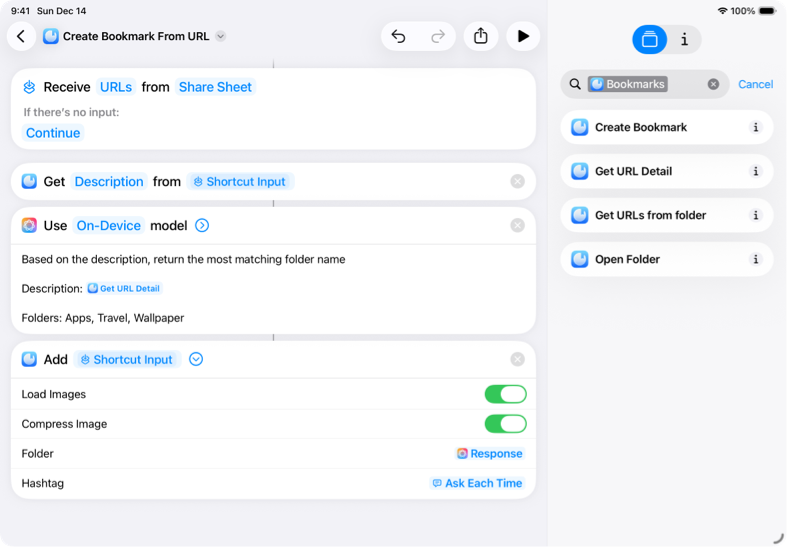 Screenshot of Shortcuts app. Uses "Get description from url," "Use on-device model" with prompt "Based on the description, return the most matching folder name," and Add bookmark with folder specified the result of "Use Model" action.