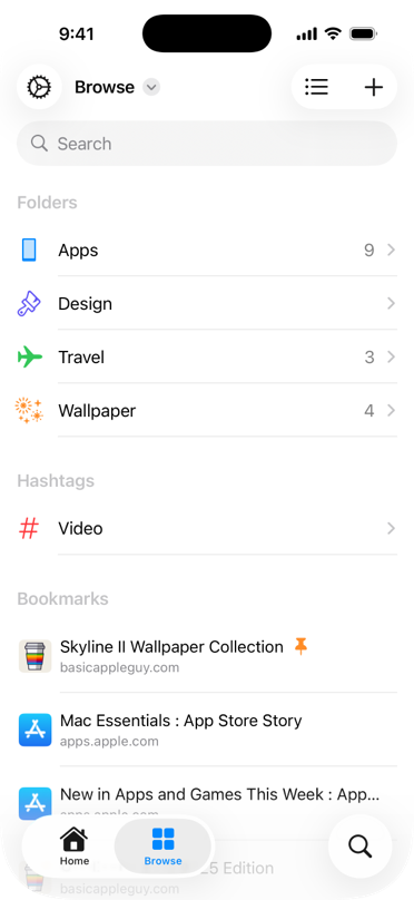 Folders, hashtags and bookmarks, shown in a list. One bookmark at the top has a pin icon at the end of its title.