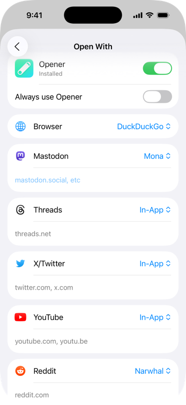 List consisting of browsers, Mastodon, Threads, X/Twitter, YouTube and Reddit.