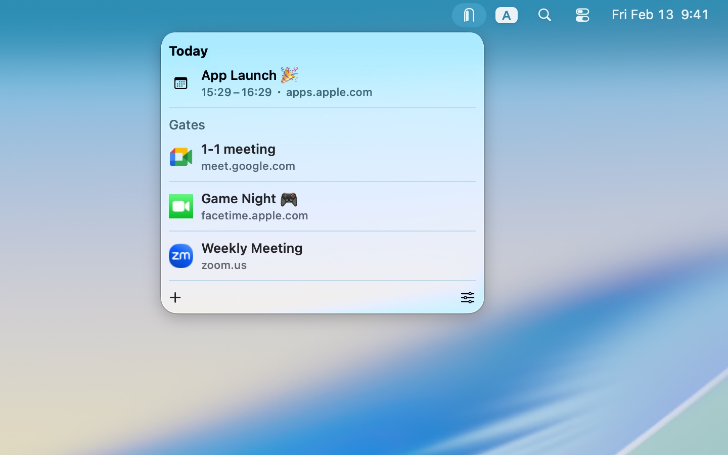 Menu bar popover listing today's event and saved meeting links for one-click launch.